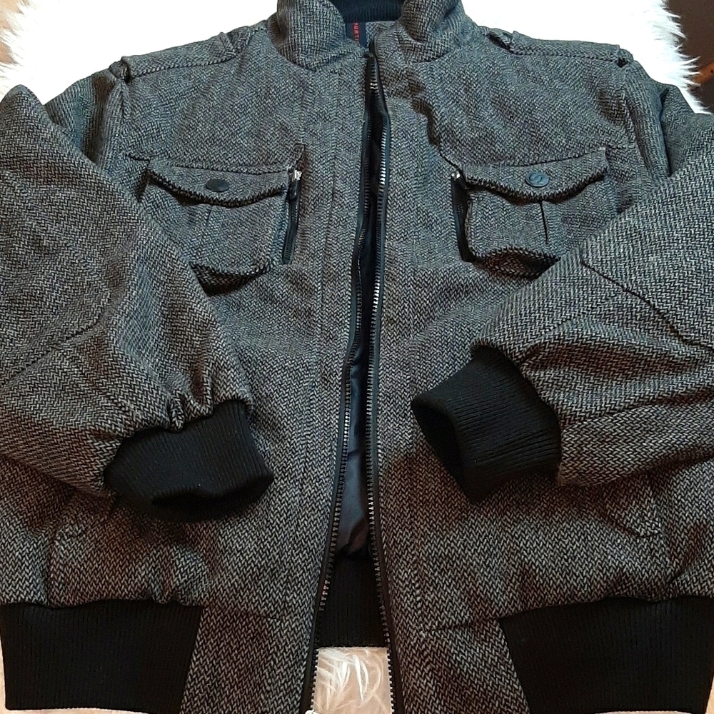 Sportier Gray Black 100%Wool Bomber Coat M New